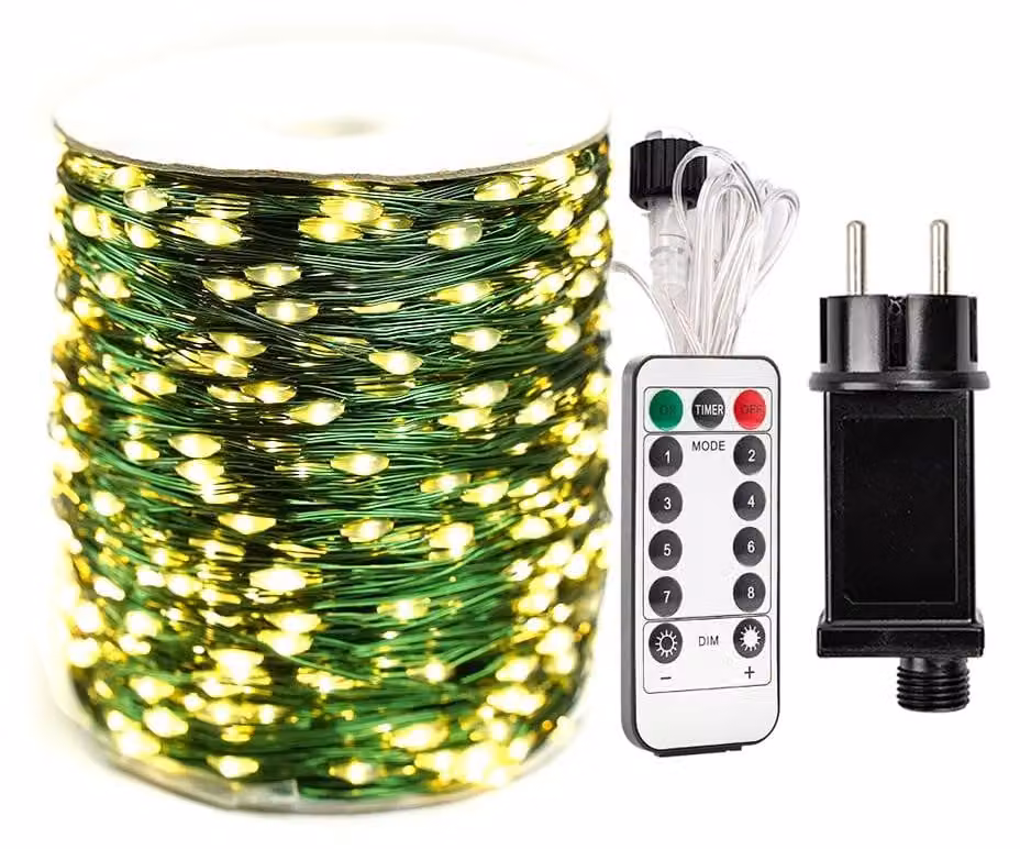 Catena luminosa a LED, 30 metri, 300 LED bianco caldo, filo verde, impermeabile