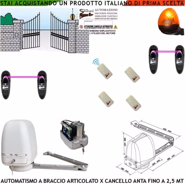 AUTOMAZIONE CANCELLO KIT MOTORE A BRACCIO ARTICOLATO 220/24 V ANTA BATTENTE DA 0,5 A 2,5 MT CENTRALE 4 RADIOCOMANDI FARO 2 FOTOCELLULE