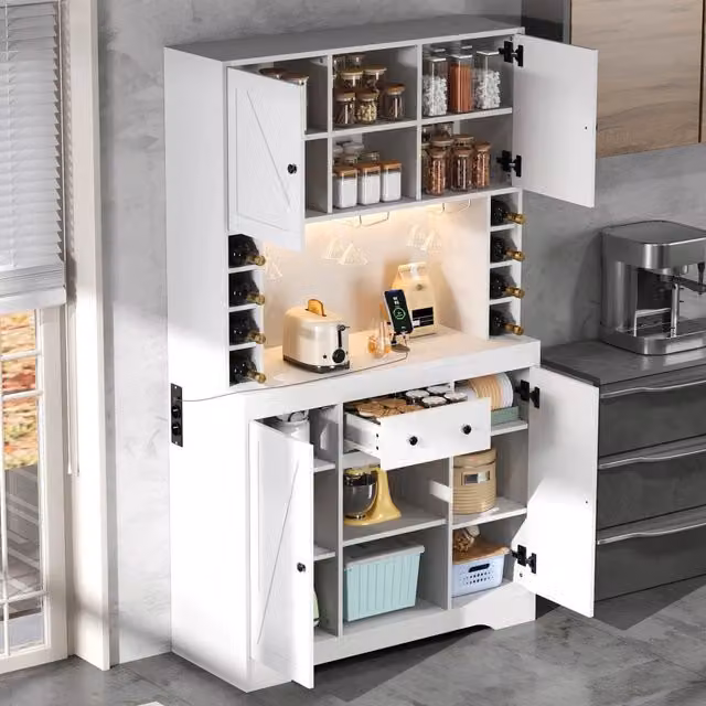 Credenza da cucina alta con LED, cassetto, ripiani regolabili, portabicchieri e vani vino, bianca, 105 × 40 × 180 cm