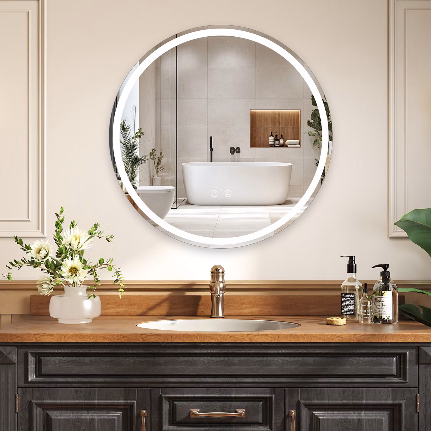 Specchio da bagno rotondo Costway con LED regolabile, vetro temperato anti-appannamento e comando touch, design moderno, Diametro: 80 cm