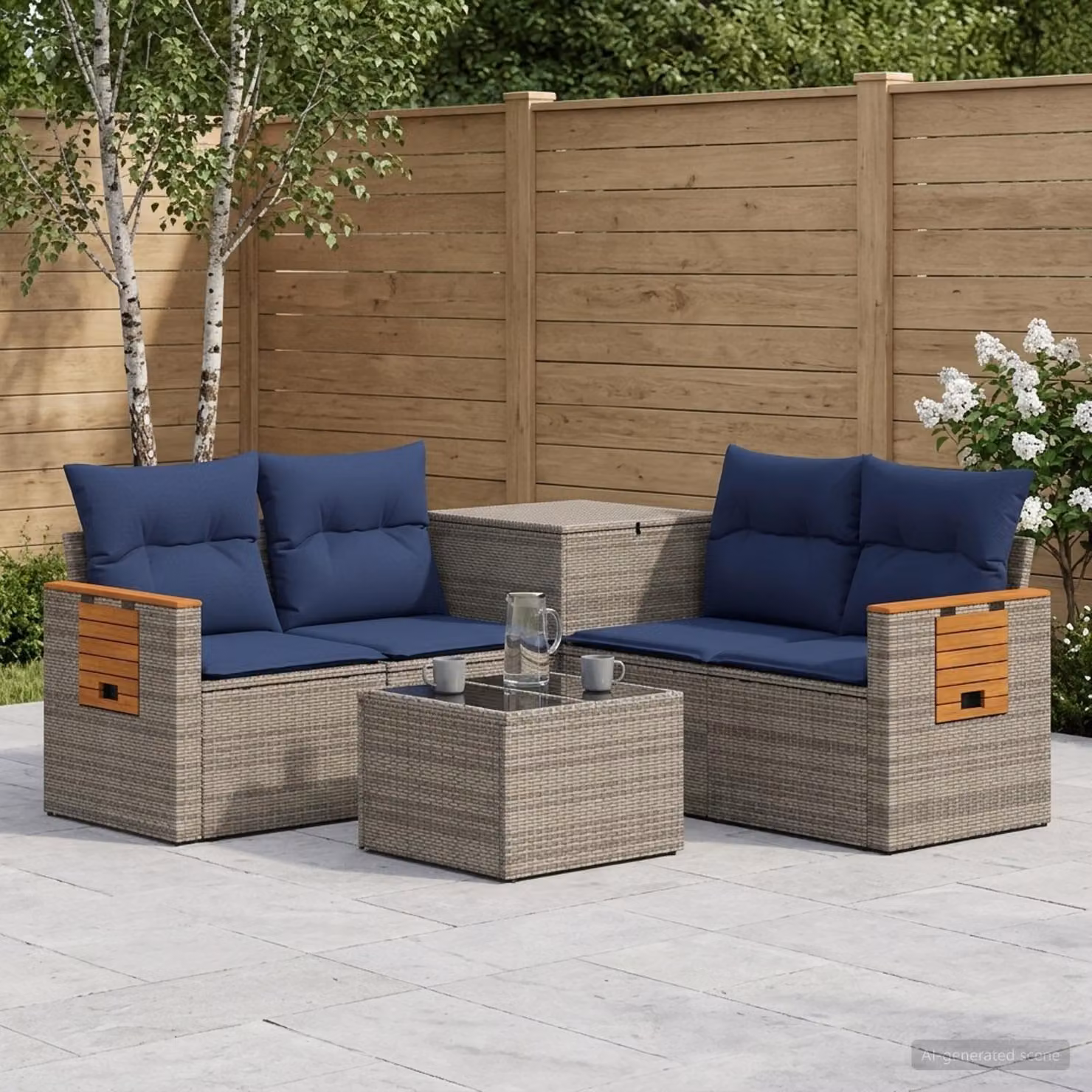 Set di divani da giardino vidaXL a forma di L composto da 6 pezzi in rattan sintetico e metallo con colori grigio e blu navy e cuscini inclusi