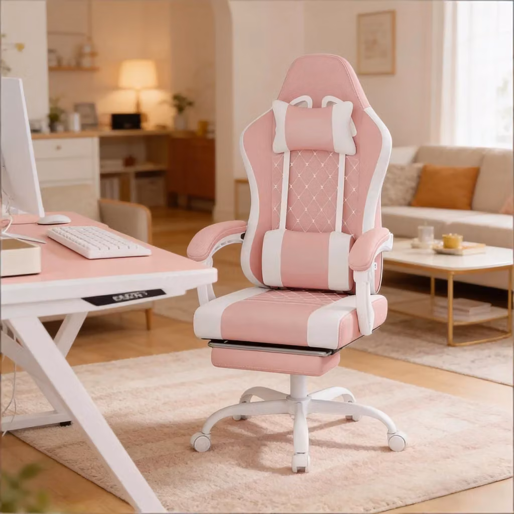 Sedia da gaming ergonomica WISHDOR girevole a 360 gradi con poggiapiedi e poggiatesta in tessuto mesh rosa e bianco – 2