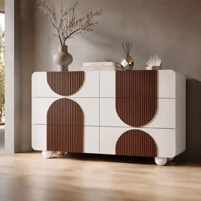 Cassettiera a 6 cassetti con design curvo in MDF e legno massello; bianca; 121 x 41 x 71 cm