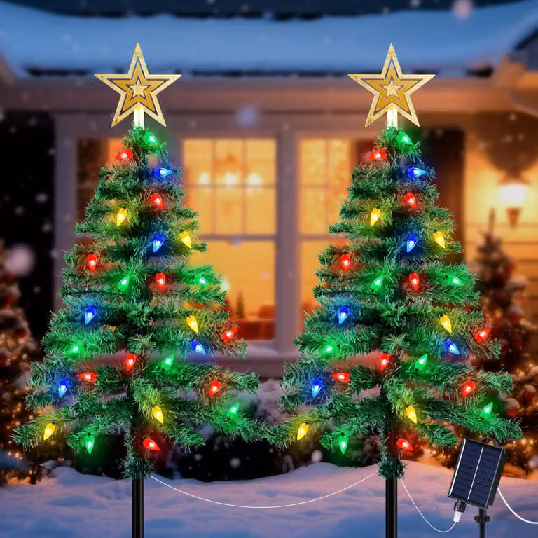 Confezione da 2 luci a energia solare per albero di Natale, altezza 1,1 metri, 100 luci LED colorate a forma di fragola