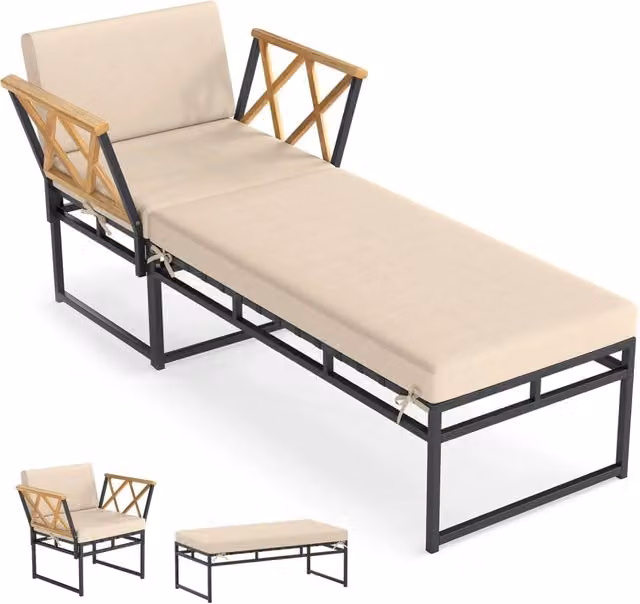 Set Lettino Prendisole Outsunny in Legno di Acacia con Cuscino Beige e Pouf per Giardino e Terrazza