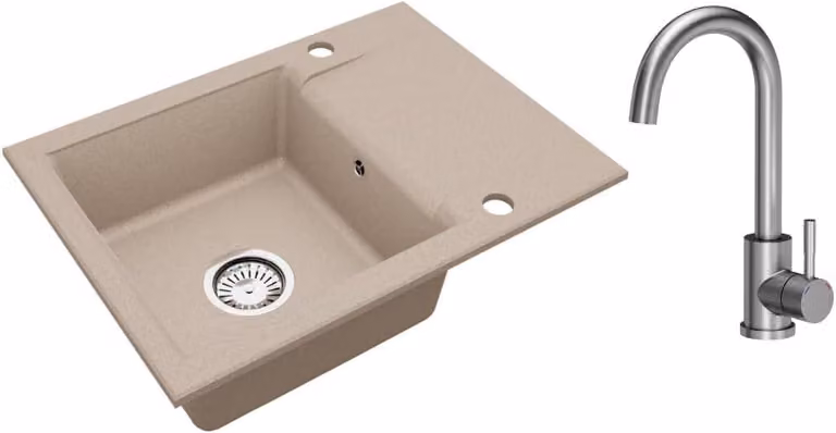 VBChome Lavello in granito beige 59 x 44 cm con rubinetteria Vasca singola Lavello da incasso Reversibile Macchiettato Lavello di facile manutenzione con sifone