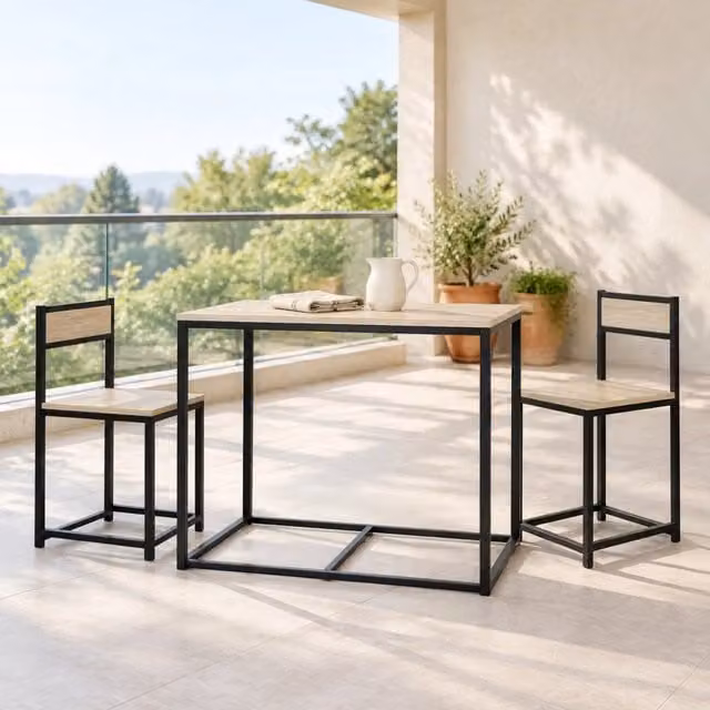 Set da pranzo per 2 persone con tavolo e 2 sedie in effetto quercia chiara e struttura in metallo nero