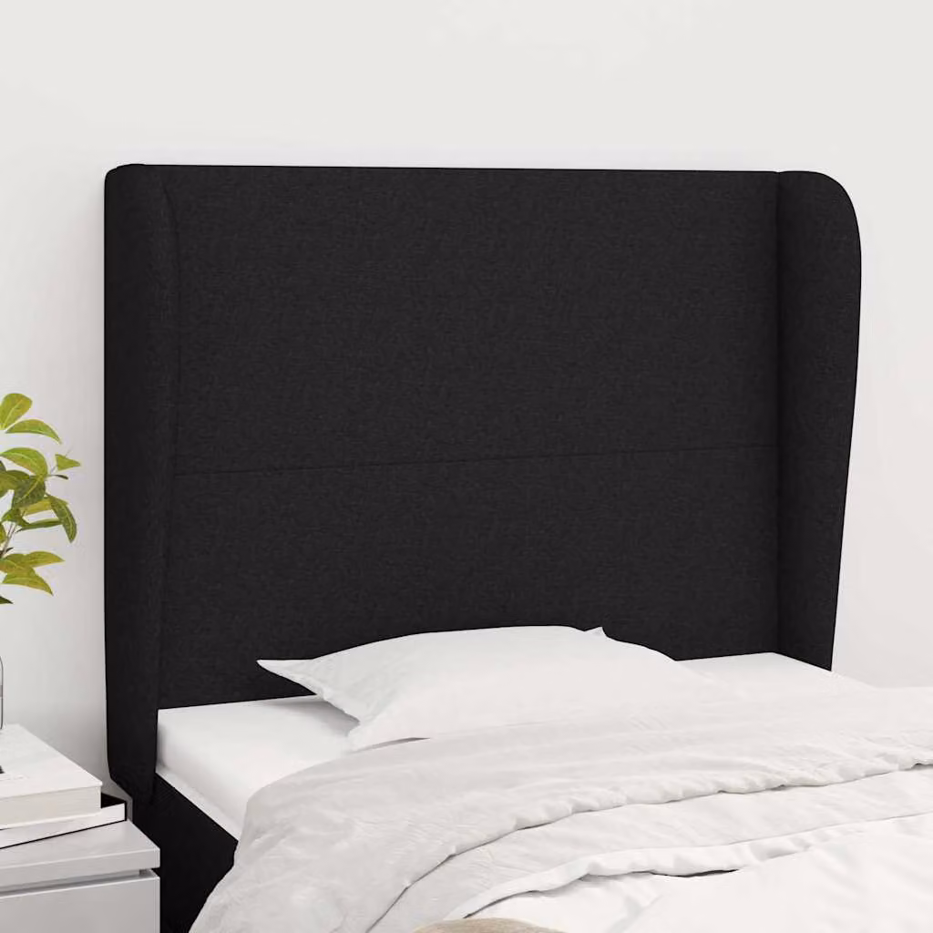 Testiera ad orecchio vidaXL in tessuto nero con struttura in legno e larice, L: 83 cm, P: 23 cm, H: 118-128 cm