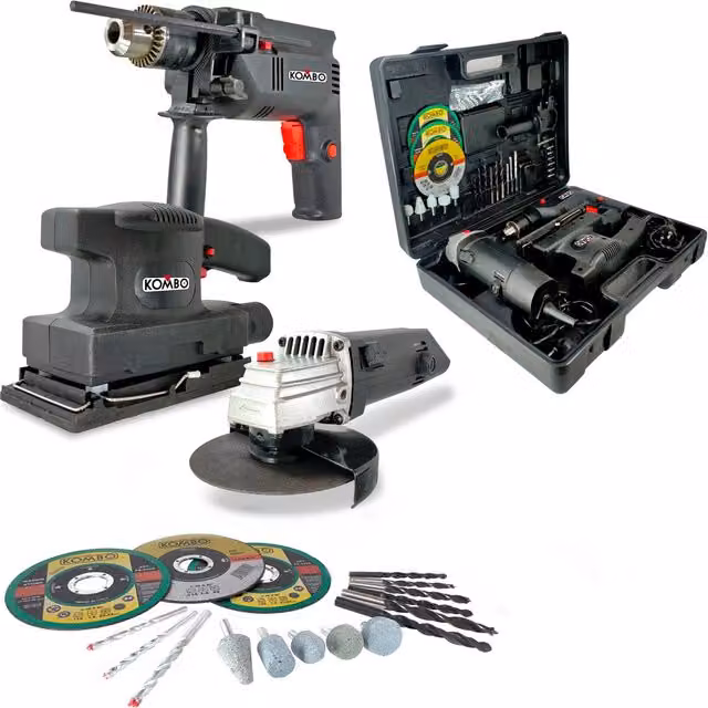 Set Kombo con Avvitatore, Smerigliatrice e Levigatrice da 500W, Colore Nero, con Valigetta e 50 Accessori