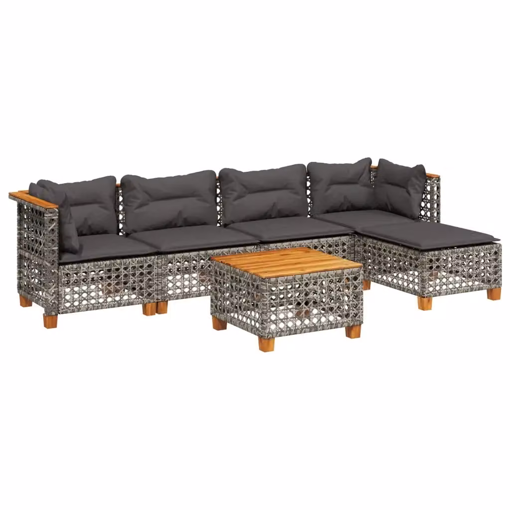 vidaXL Set Divano da Giardino a L in Polyrattan Grigio con Cuscini e Tavolino da 6 Pezzi – 2