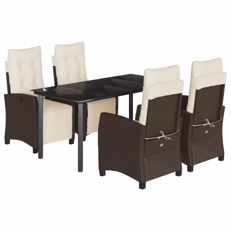 Set da Pranzo da Giardino 5pz con Cuscini in Polyrattan Marrone