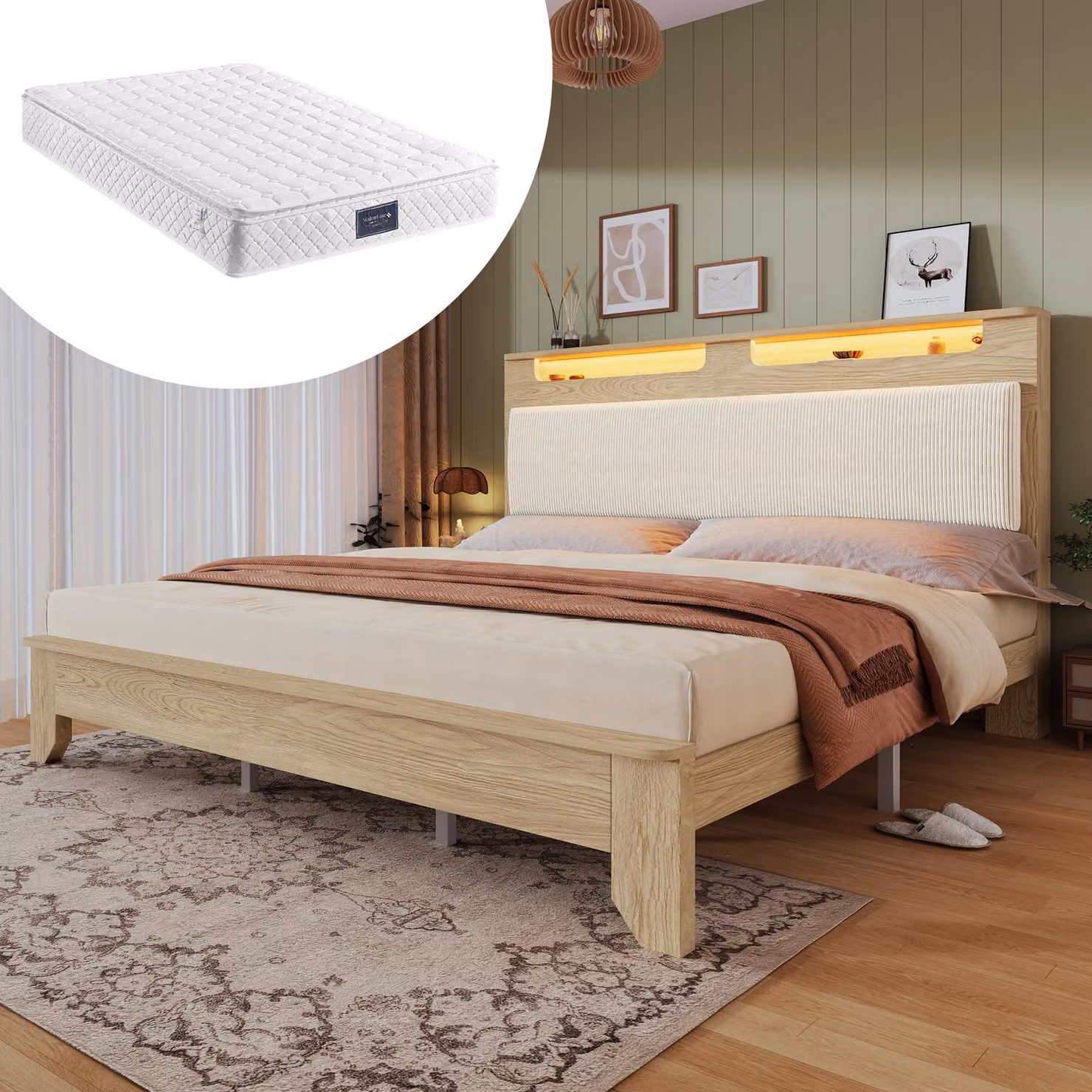 MODFU Letto con contenitore 140x200 cm - Letto matrimoniale, Materasso a 7 zone, Traspirante e arioso, Testata beige