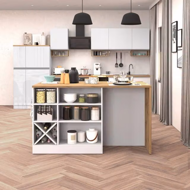 WHOUS Isola da cucina Sole con 1 anta 2 cassetti e 6 vani bianco lucido/rovere 153x90x91 cm