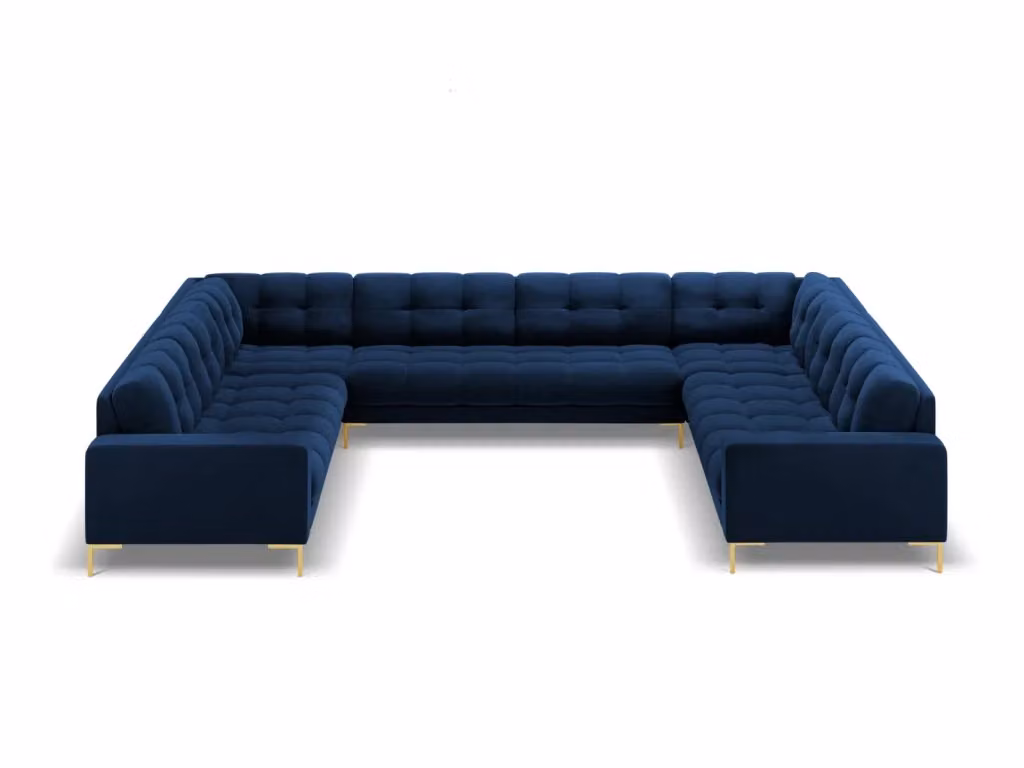 Divano panoramico Bali a 9 posti Cosmopolitan Design in velluto blu reale con struttura in metallo e dettagli oro L: 327 cm, P: 159 cm, H: 75 cm – 2