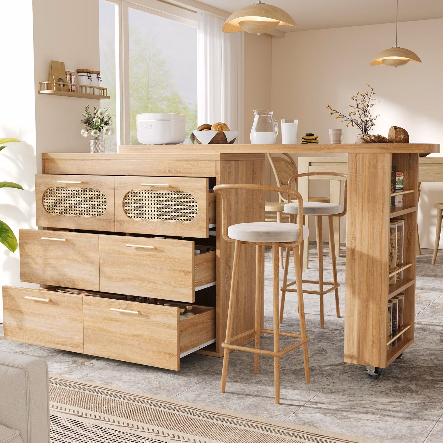Tavolino da bar Flieks con 6 cassetti e ante in rattan PE, tavolo alto girevole a 360° con sistema anti-ribaltamento, tavolo da bistrot 128-203 x 39 x 90 cm, colore naturale