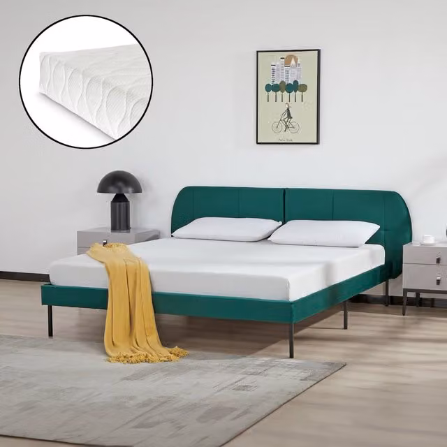 Letto Matrimoniale Porvoo en.casa con Testiera e Materasso in Velluto Verde Scuro L/P: 160 x 200 cm
