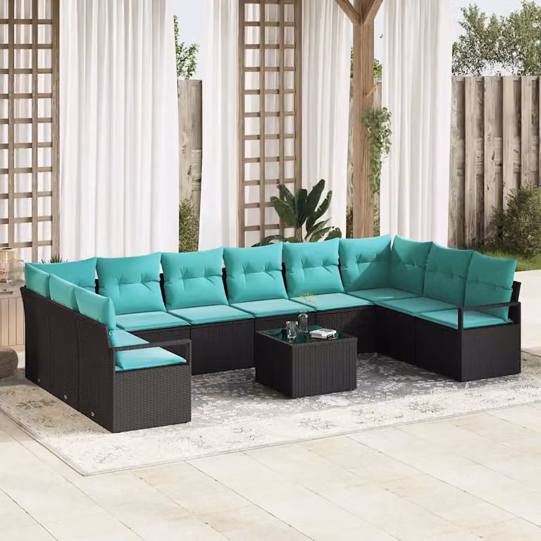 Set di divani da giardino vidaXL 11 pz a forma di U in rattan nero e turchese con cuscini e tavolino da caffè