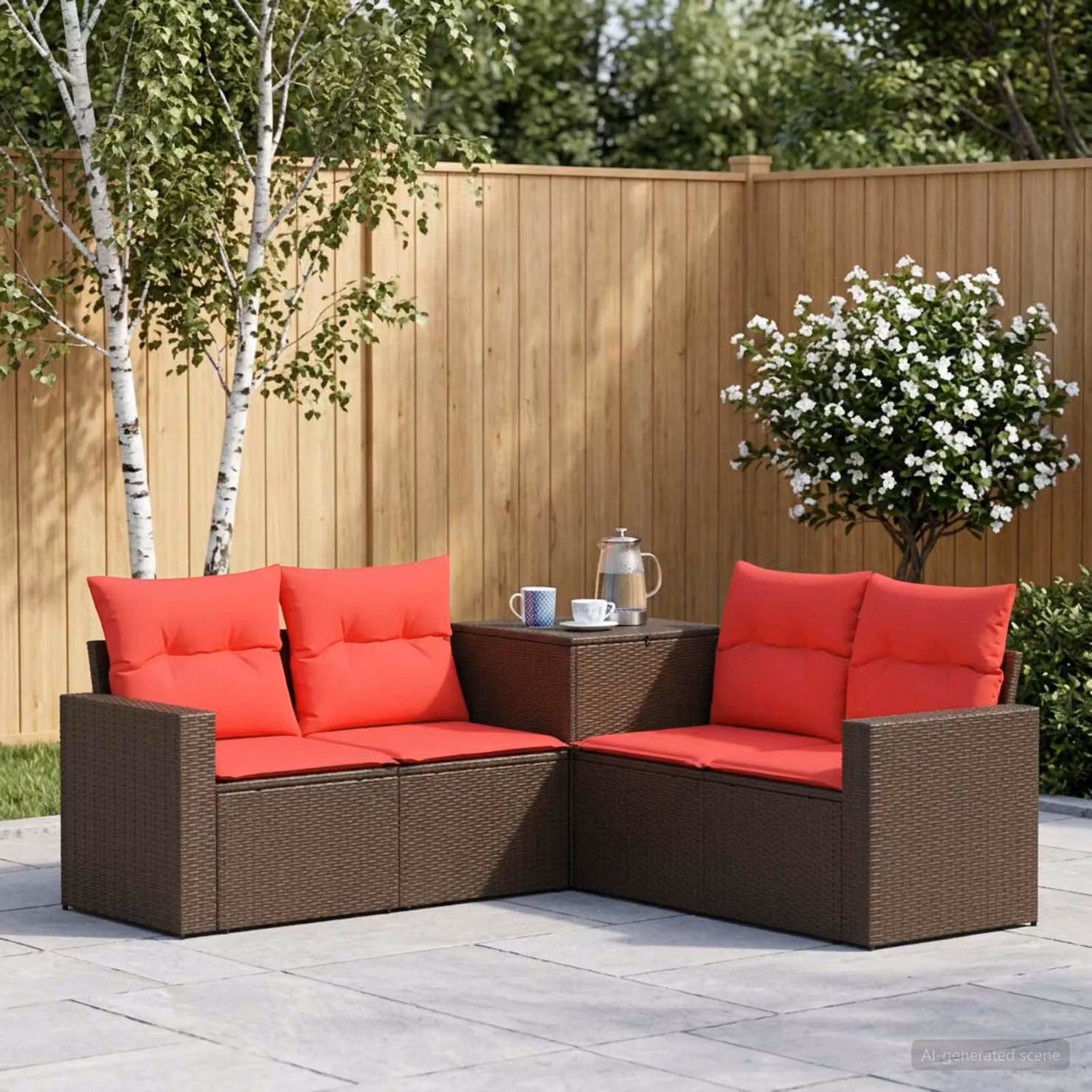 Set di divani da giardino vidaXL a forma di L con cuscini, marrone e rosso, in rattan e acciaio verniciato a polvere