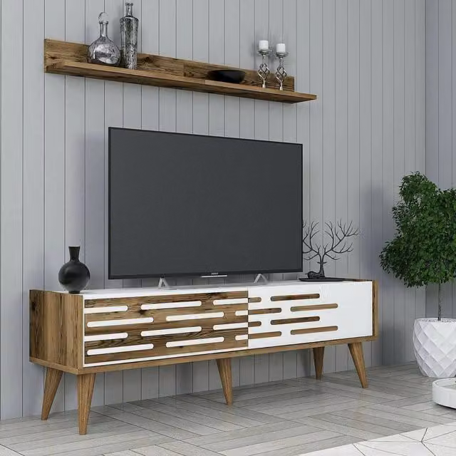 Mobile porta TV DMORA moderno in legno e plastica, Credenza da soggiorno e base per parete attrezzata, L: 140 cm, P: 45 cm, H: 35 cm, Marrone e Bianco