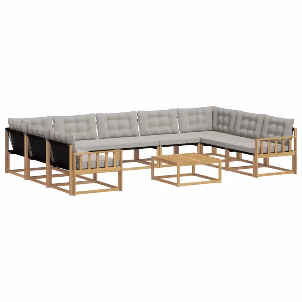 Set di divani da esterno a forma di U vidaXL in legno di acacia con tavolino e cuscini, Bianco e Grigio – 2