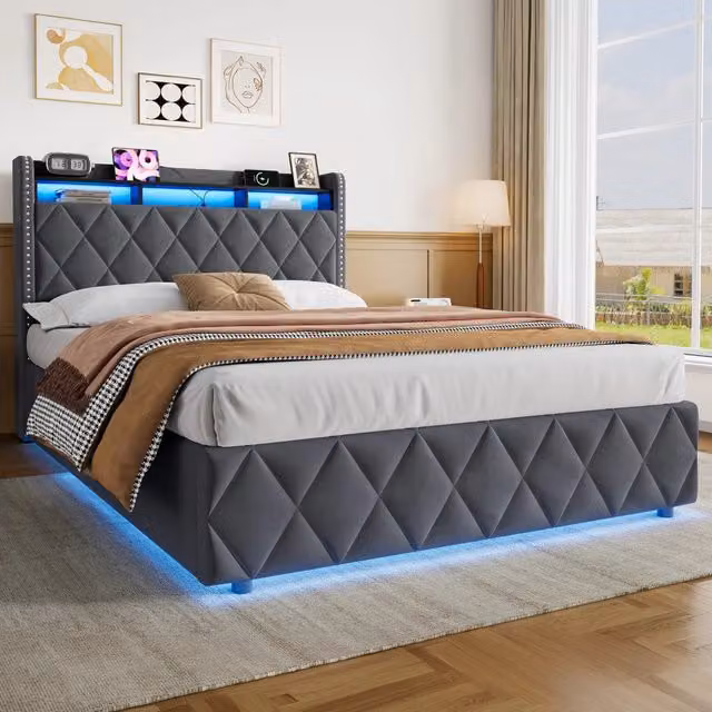 Letto matrimoniale con contenitore idraulico; LED e ricarica USB 140x200 cm in velluto grigio scuro