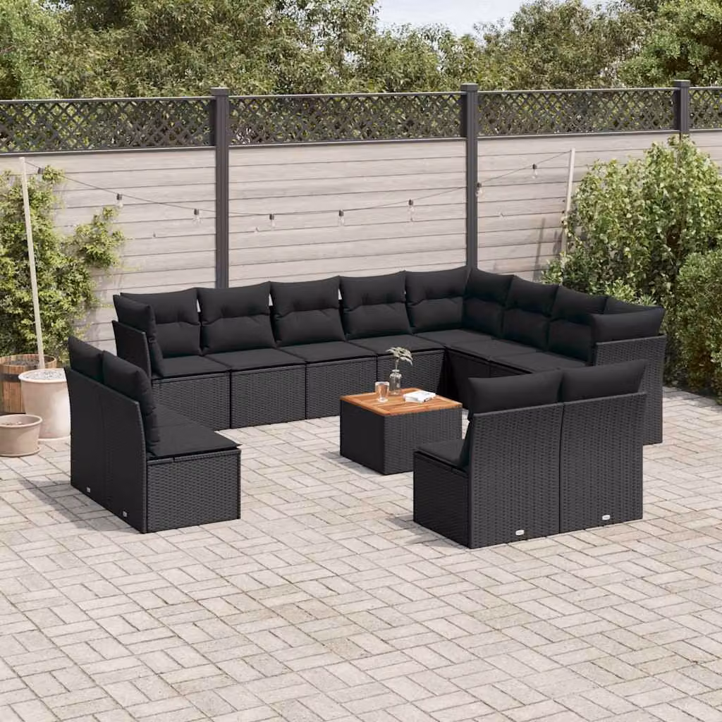 Set di divani da giardino vidaXL a forma di U in polyrattan nero con cuscini e tavolino da esterno – 1