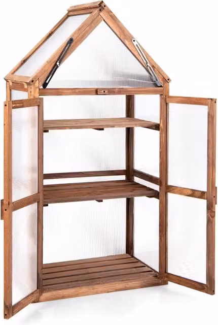 Mini Serra da Giardino in Legno di Abete e Policarbonato Marrone con 3 Ripiani Rimovibili e Tetto Apribile per Piante e Fiori