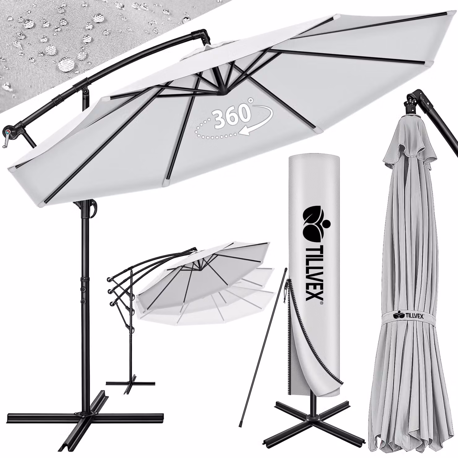 tillvex ombrellone grigio Ø 350 cm ombrellone pensile da giardino ombrellone da mercato ombrellone a manovella balcone alluminio inclinabile grigio - Ø350cm