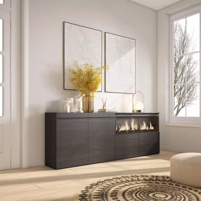 Credenza, Mobile, 208x35x75cm, 4 Porte, Camino elettrico XXL, Nero RF3215