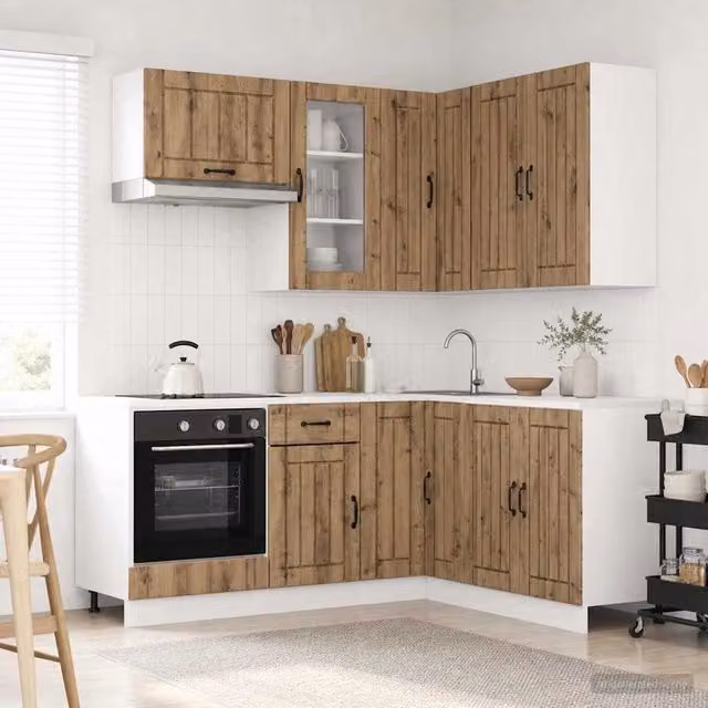Unità cucina angolare minimalista vidaXL in legno color rovere con ante in vetro