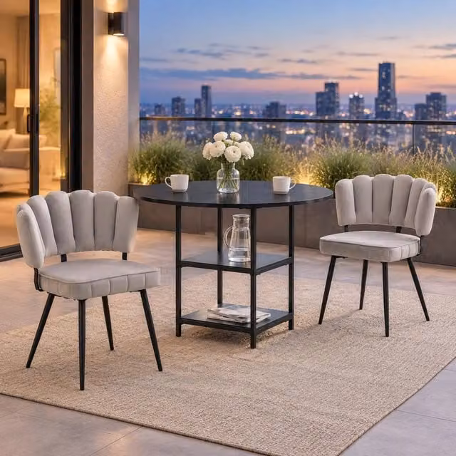 Set da pranzo industriale con tavolo rotondo 107 cm con doppio ripiano e 2 sedie grigio chiaro con schienale a forma di fiore