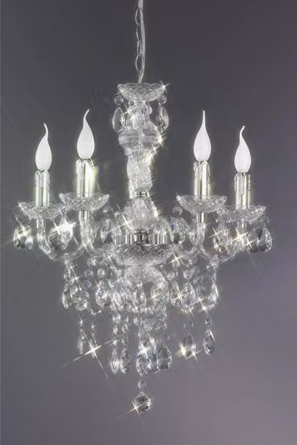 Lampada a sospensione con 5 luci Luster in metallo cromato e vetro trasparente