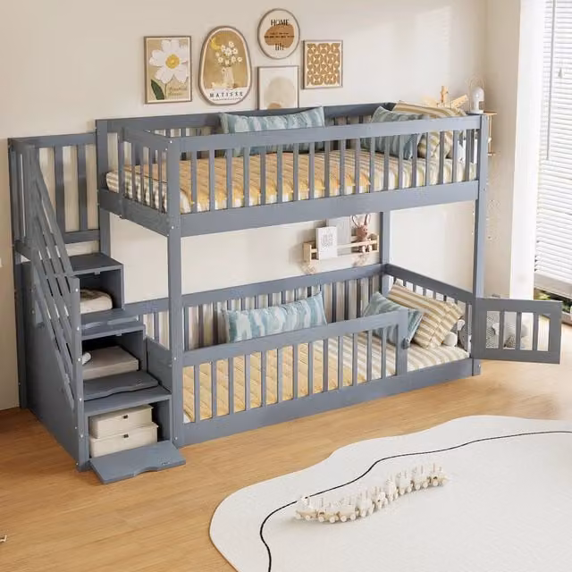 Letto a castello per bambini 90 × 200 cm 2 posti con scale con cassetti e barriere, senza materasso, grigio