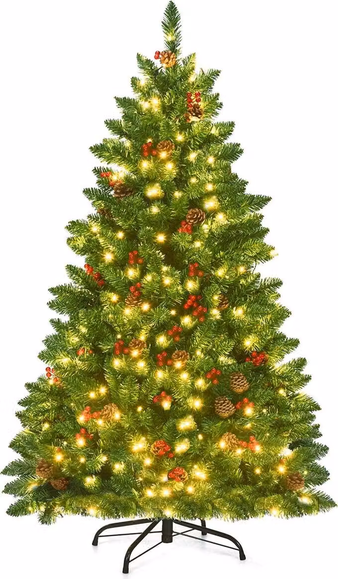 Albero di Natale artificiale da 135 cm con luci a LED, supporto in metallo