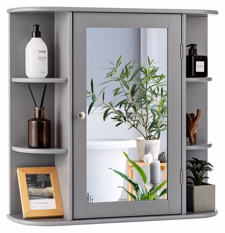 Mobile contenitore con specchio e ripiani, 65 x 17 x 63 cm, colore grigio
