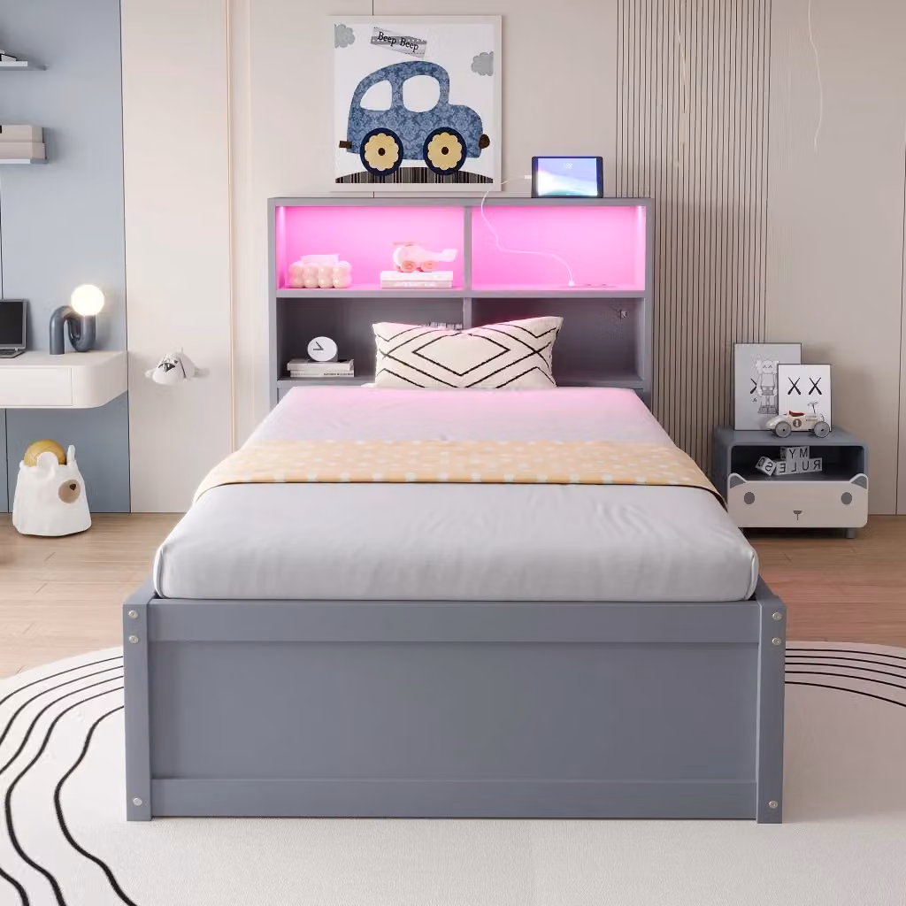 Letto divano singolo OKWISH in legno grigio con 4 vani contenitori, presa USB e luce LED, L/P/H: 200 x 90 x 82 cm – 2