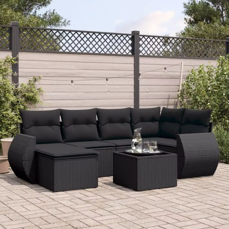 Set di Divani da Giardino vidaXL in Polyrattan Nero con 7 Cuscini e Tavolino da Esterno