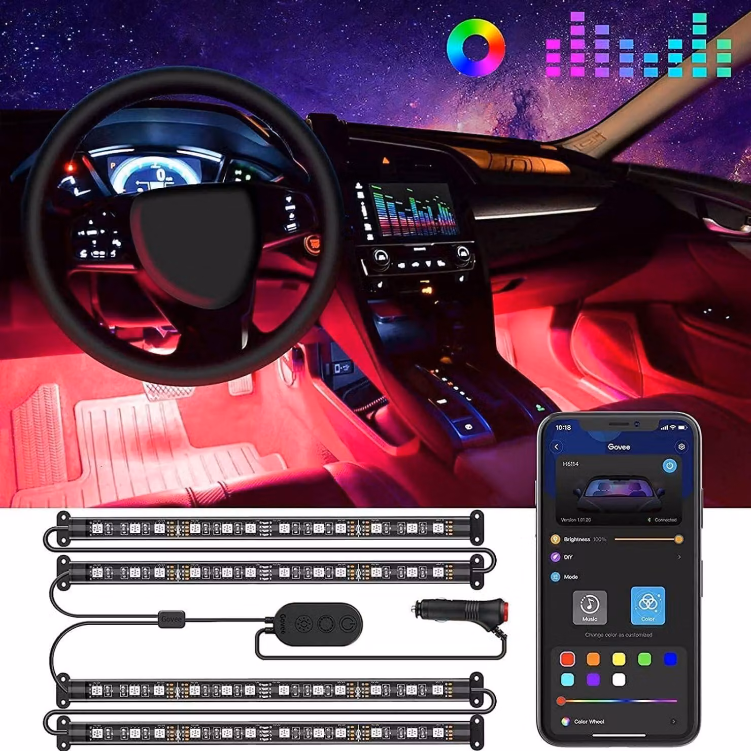 Illuminazione interna per auto a LED, kit completo con 4 strisce LED da 48 LED ciascuna