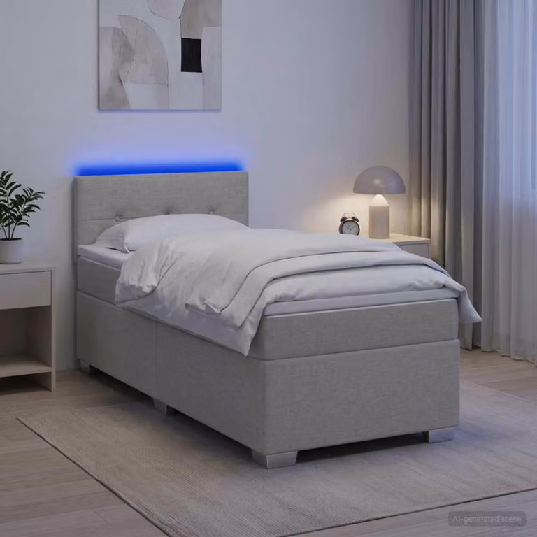 Letto a molle insacchettate con materasso e illuminazione LED, colore grigio chiaro, rivestito in tessuto, modello singolo