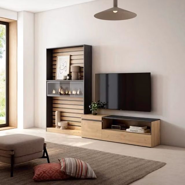 Mobile TV da soggiorno Skraut Home con camino elettrico e illuminazione integrata, Rovere e Nero, L: 260 cm, P: 35 cm, H: 186 cm – 1