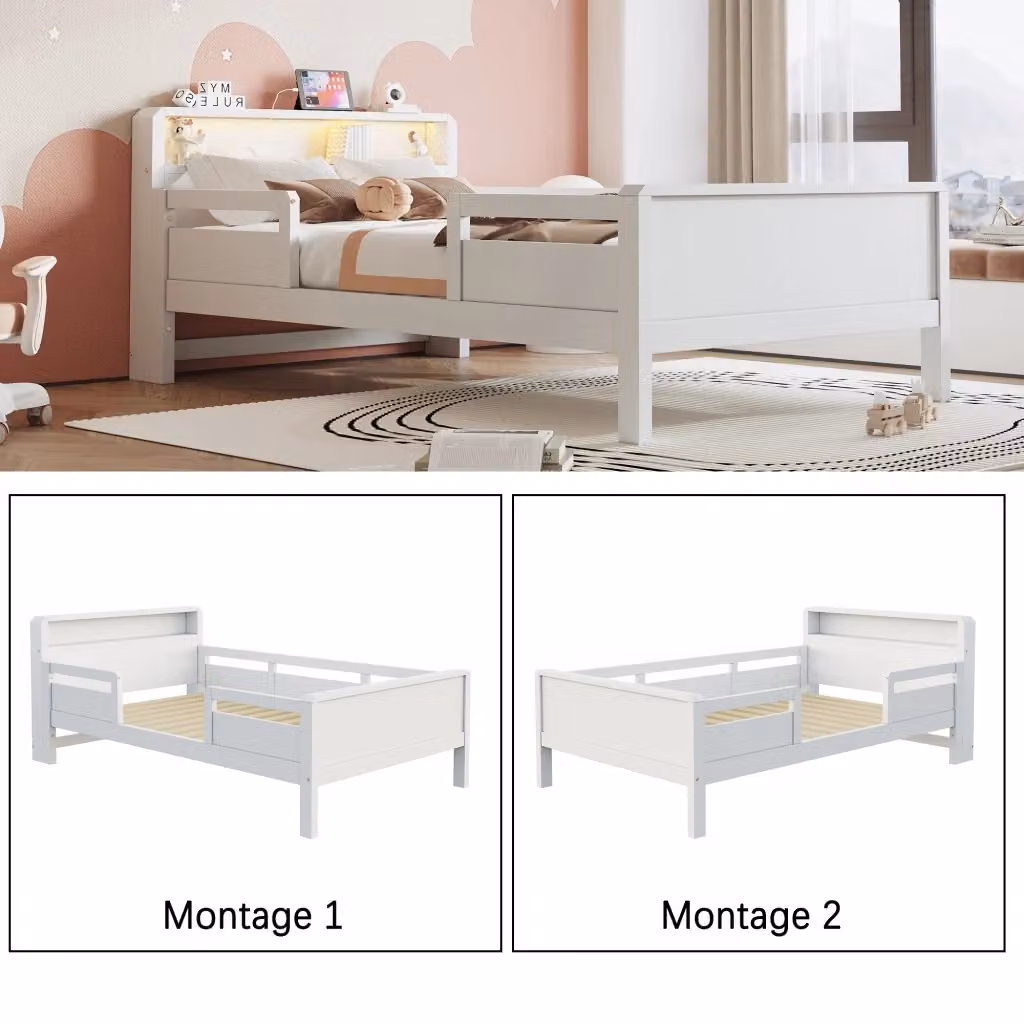 Letto Multifunzione REDOM in Legno di Pino Bianco con LED, Presa USB/USB-C e Ripiani Laterali, L/P: 200 x 90 cm – 2