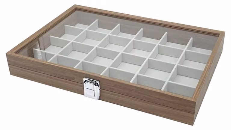 Cassettiera in legno per gioielli con 24 scomparti e coperchio in vetro trasparente