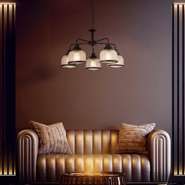 Lampadario a sospensione moderno SEARCHLIGHT in metallo nero e vetro trasparente con 5 luci E27 e altezza regolabile