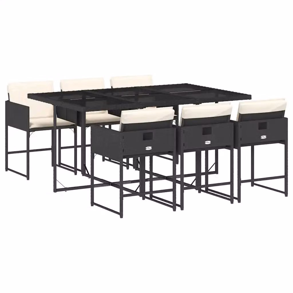 Set da pranzo da giardino vidaXL in polyrattan nero con cuscini bianchi e tavolo in vetro – 2