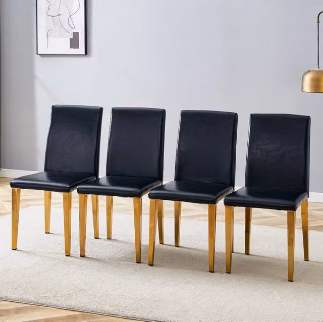 Set di 4 Sedie Minimaliste per Sala da Pranzo in PU Nero con Gambe Dorate in Metallo, Altezza 90 cm