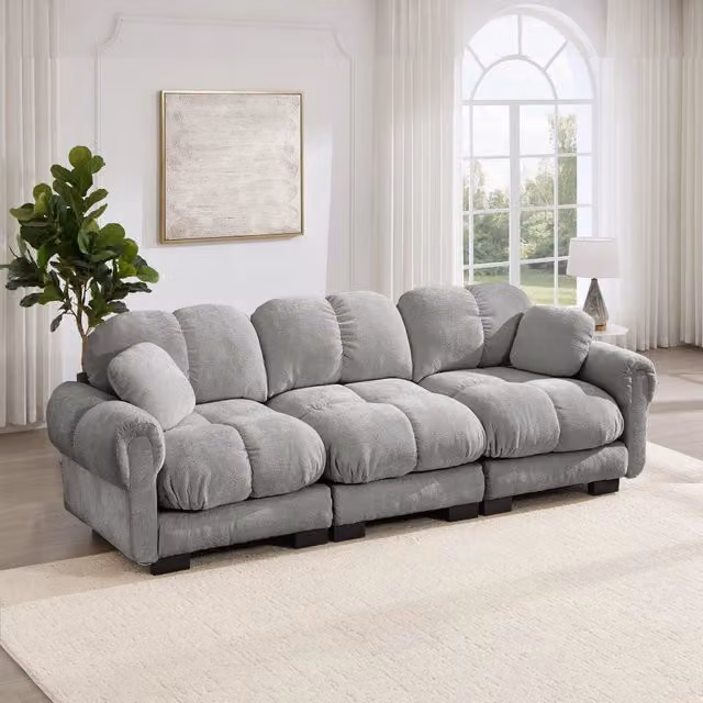 Divano 260.0x86.0x90.0 cm con cuscini trapuntati e struttura modulare in ciniglia grigio chiaro