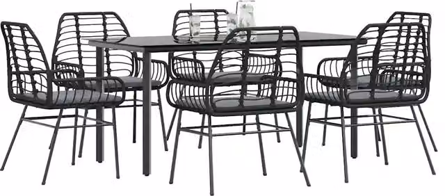 Set Pranzo da Giardino 7 pz Nero con Cuscini Polyrattan Vetro 3334552
