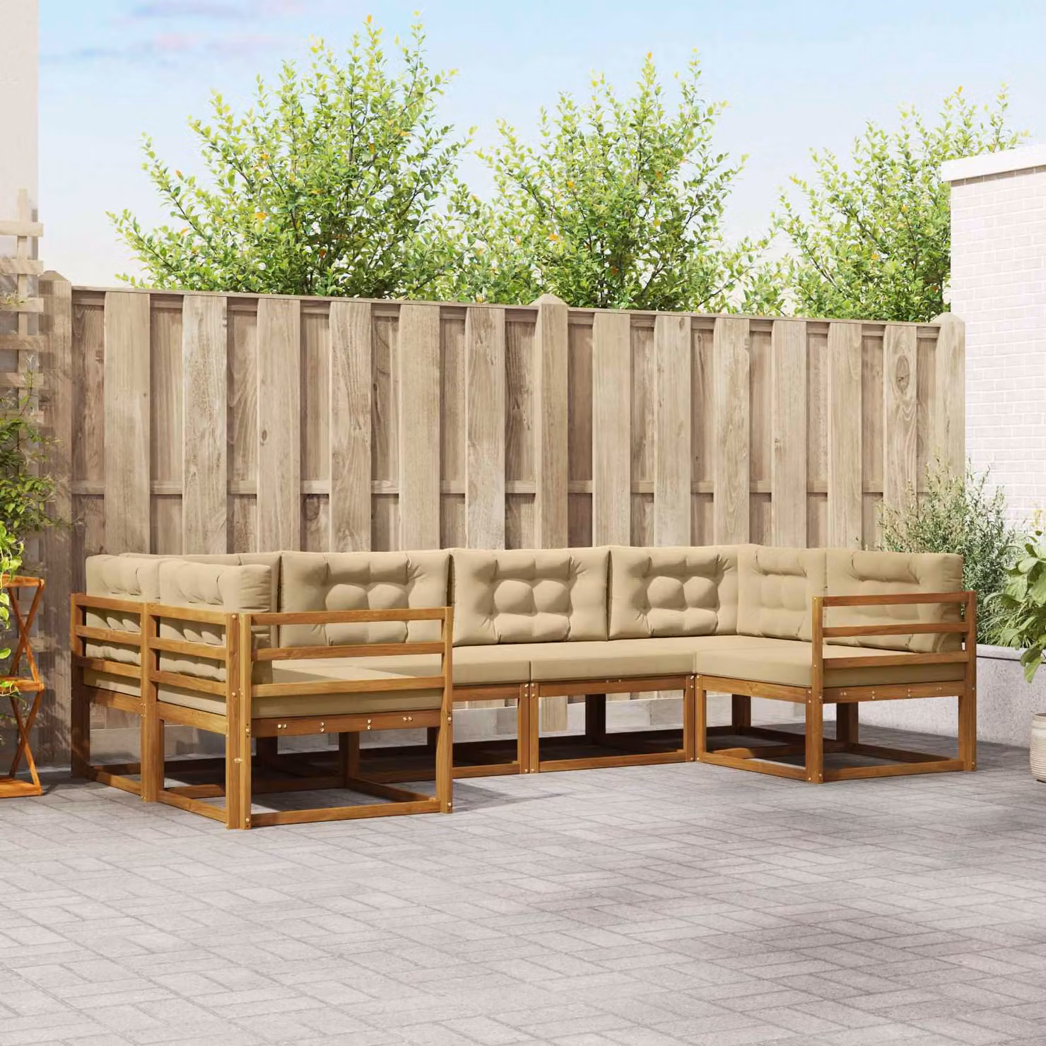 Set di divani da esterno vidaXL a forma di L composto da 6 pezzi in legno di acacia con cuscini beige e marrone