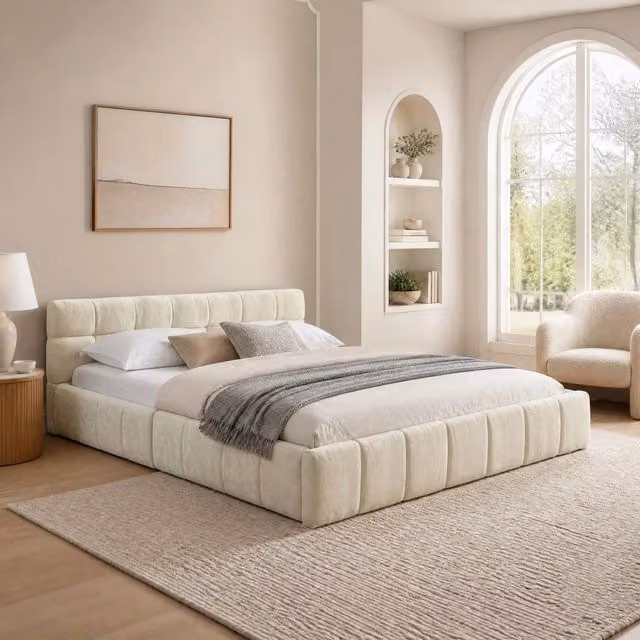 Letto matrimoniale imbottito 140x200 cm in ciniglia beige