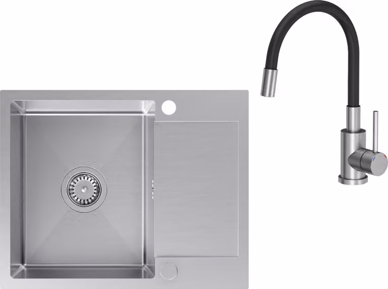 VBChome Lavello in acciaio inox con rubinetto 60 x 48 cm Lavello da incasso in acciaio inox spazzolato con due fori Lavello grande Lavello da cucina con sgocciolatoio Sifone